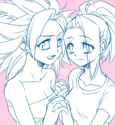 Rule 34 | 2girls, :d, bare arms, bare shoulders, blush, breasts, caulifla, cleavage, close-up, closed mouth, collarbone, dragon ball, dragon ball super, eye contact, eyelashes, eyes visible through hair, heart, heart background, high ponytail, holding hands, interlocked fingers, kale (dragon ball), light smile, looking at another, medium breasts, monochrome, multiple girls, open mouth, own hands together, pink background, pink theme, ponytail, pukapuka (1577280), shirt, short hair, short sleeves, simple background, smile, spiked hair, spot color, strapless, teeth, tube top, upper body, white theme