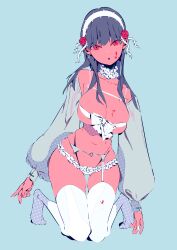 Rule 34 | 1girl, absurdres, black hair, blood, blood on breasts, blood on face, bow, breasts, bridal lingerie, chest belt, choker, cleavage, detached sleeves, flower, frilled choker, frilled panties, frills, garter straps, headband, highres, large breasts, lingerie, long hair, looking at viewer, matumot, open mouth, panties, puffy sleeves, red eyes, revealing clothes, rose, simple background, solo, spy x family, thighhighs, thong, thorns, underboob, underwear, white choker, white thighhighs, yor briar