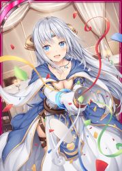 Rule 34 | 1girl, akkijin, blue dress, blue eyes, breasts, card (medium), chair, confetti, curtains, dress, indoors, looking at viewer, medium breasts, official art, oracle (shinkai no valkyrie), party popper, shinkai no valkyrie, silver hair, smile, solo, table, tiara
