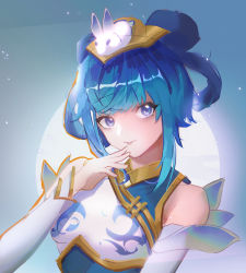 Rule 34 | 1girl, blue hair, breasts, closed mouth, detached sleeves, double bun, gradient background, green hair, grey background, hair bun, hair ornament, highres, ippo kuwa, league of legends, looking at viewer, lux (league of legends), official alternate costume, porcelain lux, rabbit hair ornament, single bare shoulder, small breasts, solo, upper body, white sleeves