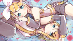 Rule 34 | 2girls, :o, bare shoulders, blonde hair, blue eyes, bow, detached sleeves, dual persona, flower, future style (module), hair bow, hair ornament, hairclip, half-closed eyes, highres, kagamine rin, leaning on person, looking at viewer, lying, multiple girls, aged up, on back, on side, partially submerged, petals, sailor collar, shirt, shorts, sketch, sleeveless, sleeveless shirt, thighhighs, vocaloid, water, yuirinex