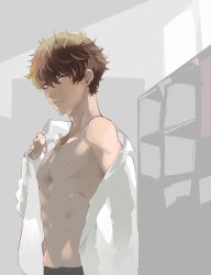 Rule 34 | 1boy, abs, brown hair, cowboy shot, high speed!, highres, kirishima natsuya, looking at viewer, male focus, nipples, open clothes, open shirt, red eyes, shirt, short hair, simple background, smile, solo, standing, toned, undressing, yamano
