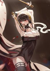 Rule 34 | 1girl, armpits, arms up, bad id, bad twitter id, black background, black dress, black gloves, black hair, black thighhighs, blood, blood on face, boots, breasts, cleavage, cowboy shot, dagger, dress, dual wielding, earrings, flower, gloves, hair flower, hair ornament, hairband, half-closed eyes, highres, holding, holding weapon, jewelry, knife, large breasts, looking to the side, multicolored clothes, multicolored dress, red dress, rose, scytluzt, simple background, sleeveless, sleeveless dress, spy x family, thigh boots, thighhighs, weapon, yor briar