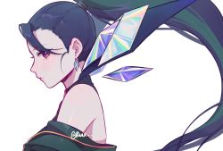 Rule 34 | 1girl, absurdres, bare shoulders, black hair, blush, crystal, earrings, from side, green hair, green jacket, highres, jacket, jewelry, k/da (league of legends), k/da all out kai&#039;sa, kai&#039;sa, league of legends, long hair, multicolored hair, off shoulder, ponytail, purple eyes, ruan chen yue, shiny skin, signature, simple background, solo, two-tone hair, white background