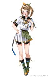 Rule 34 | 1girl, belt, belt buckle, bike shorts, black belt, black sailor collar, black shorts, blue eyes, blush, boots, brown hair, buckle, chigusa minori, commentary request, copyright name, dress, full body, green footwear, hair intakes, hair ornament, hairclip, hand on own hip, highres, looking at viewer, medium hair, official art, onsen musume, open mouth, pleated dress, ponytail, rubber boots, sailor collar, short sleeves, shorts, shorts under dress, simple background, skindentation, solo, teeth, toyotomi miyu, white background, white dress