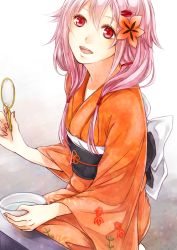 Rule 34 | 10s, 1girl, :d, goldfish scooping, guilty crown, hair ornament, hairclip, japanese clothes, kimono, long hair, looking at viewer, nail polish, open mouth, pink hair, poi (goldfish scoop), red eyes, smile, solo, twintails, yoma, yuzuriha inori