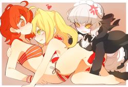 Rule 34 | 3girls, anger vein, angry, apron, artoria pendragon (all), artoria pendragon (alter swimsuit rider) (second ascension) (fate), artoria pendragon (fate), bad id, bad pixiv id, barefoot, bikini, bikini top only, black bikini, blonde hair, blush, bracelet, breast press, breasts, cleavage, face-to-face, fate/grand order, fate (series), frilled bikini, frills, from side, fujimaru ritsuka (female), fujimaru ritsuka (female) (brilliant summer), girl on top, green eyes, hair intakes, halterneck, hand on another&#039;s shoulder, heart, highres, hood, hoodie, jewelry, long hair, looking at another, lying, maid, maid headdress, meroko korone, multiple girls, nero claudius (fate), nero claudius (fate) (all), nero claudius (swimsuit caster) (fate), nose blush, official alternate costume, on back, on stomach, orange bikini, orange eyes, pale skin, saber alter, short hair, side-tie bikini bottom, striped bikini, striped clothes, swimsuit, twintails, wavy mouth, white hair, yellow eyes, yuri