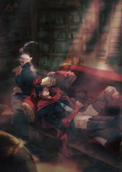 Rule 34 | 2boys, black jacket, bookman, bookshelf, brown pants, couch, d.gray-man, eyepatch, high ponytail, holding, indoors, jacket, lavi, library, long sleeves, lying, male focus, miyukiko, multiple boys, on back, pants, pointy ears, reading, red hair, red scarf, scarf, signature, sitting, spiked hair