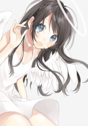 Rule 34 | 1girl, :d, absurdres, angel, black hair, blue eyes, blush, braid, breasts, cleavage, collarbone, commentary request, dress, feathered wings, fingernails, grey background, hachimitsu honey, hair between eyes, halo, hand up, highres, long hair, open mouth, original, simple background, sleeveless, sleeveless dress, small breasts, smile, solo, very long hair, white dress, white wings, wings