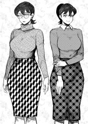 Rule 34 | 2girls, black beat, breasts, checkered clothes, collared shirt, doraemon, earrings, glasses, highres, jewelry, large breasts, long sleeves, looking at viewer, mature female, minamoto michiko, monochrome, multiple girls, nobi tamako, ring, shirt, shirt tucked in, short ponytail, skirt, smile, standing, stud earrings, turtleneck, wedding ring