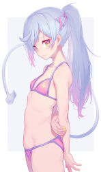 Rule 34 | 1girl, arms behind back, bikini, commentary request, gradient hair, grey hair, highres, long hair, looking at viewer, multicolored hair, nail polish, navel, nilitsu, pink bikini, pink hair, ponytail, sakuma lovey, simple background, smile, snack nili, solo, swimsuit, tail, virtual youtuber, yellow eyes, yellow nails