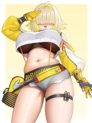 Rule 34 | 1girl, arm up, blonde hair, breasts, colored inner hair, covered eyes, cowboy shot, elegg (nikke), from below, gloves, goddess of victory: nikke, hair over eyes, large breasts, multicolored hair, navel, open mouth, short shorts, shorts, simple background, skindentation, smile, solo, stomach, thigh strap, thighs, wei xiao, white shorts, yellow background, yellow gloves