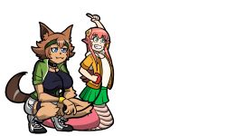 Rule 34 | 2girls, animal ears, animated, animated gif, blue eyes, breasts, brown hair, child, collar, commentary, dog ears, dog girl, dog tail, faceplant, furry, furry female, green eyes, green skirt, hair ornament, hairclip, janusjan, kobold, lamia, large breasts, leash, long hair, lowres, mika (miiafag), monster girl, monster musume no iru nichijou, multiple girls, pleated skirt, pointy ears, polt, red hair, shoes, simple background, skirt, sneakers, tail, white background