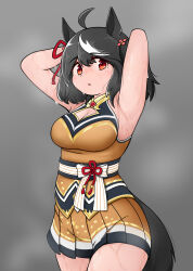 Rule 34 | 1girl, absurdres, animal ears, armpits, arms up, bare shoulders, black hair, blush, breasts, cleavage, cleavage cutout, clothing cutout, commentary request, cowboy shot, highres, horse ears, horse girl, horse tail, kitasan black (umamusume), large breasts, looking at viewer, mintia1911, multicolored clothes, multicolored hair, obi, open mouth, orange shirt, orange skirt, red eyes, sash, shirt, skindentation, skirt, smile, solo, streaked hair, sweat, tail, teeth, thighhighs, two side up, umamusume, very sweaty, white hair