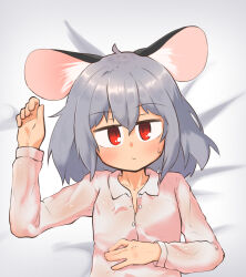 Rule 34 | 1girl, :/, alternate costume, animal ears, blush, buttons, closed mouth, collared shirt, commentary request, expressionless, greenpiecerice, grey hair, hair between eyes, highres, long sleeves, looking at viewer, medium bangs, mouse ears, mouse girl, nazrin, pink shirt, red eyes, shirt, short hair, solo, touhou, upper body, white background
