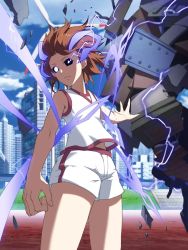 Rule 34 | 1girl, action, alternate color, artist request, bare arms, bare shoulders, biribiri, black sclera, blouse, blue sky, breasts, brick, brown hair, building, city, cityscape, closed mouth, cloud, cloudy sky, colored sclera, day, debris, electricity, electrokinesis, energy, expressionless, fantasy, feet out of frame, floating, floating hair, floating object, floating rock, game cg, glowing, glowing eyes, grass, gym shirt, gym shorts, gym uniform, highres, horns, levitation, looking at viewer, magic, magnetism, medium hair, metal, midriff, misaka mikoto, misaka mikoto level 6 shift, navel, no pupils, outdoors, outstretched arm, psychic, purple horns, rock, shirt, short shorts, shorts, sky, sleeveless, sleeveless shirt, small breasts, solo, sportswear, standing, steel beam, stomach, stone, telekinesis, thighs, toaru kagaku no railgun, toaru majutsu no index, toaru majutsu no index: imaginary fest, transformation, white eyes, white shirt, white shorts, white uniform, wind, wind turbine, windmill