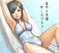 Rule 34 | 1girl, armpits, arms up, black hair, blue eyes, blush, breasts, casual one-piece swimsuit, cleavage, female focus, floral print, grey hair, lying, on back, one-piece swimsuit, open mouth, original, short hair, solo, swimsuit, yoshikawa hazure