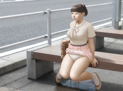 Rule 34 | 1girl, bag, bench, breasts, clothes lift, exhibitionism, handbag, large breasts, munio world, outdoors, panties, peeing, peeing self, plump, public indecency, puddle, sitting, skirt, skirt lift, socks, underwear, wet, wet clothes, wet panties, white panties