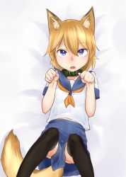 Rule 34 | 1girl, animal ears, belt collar, blonde hair, blue eyes, blue sailor collar, collar, commentary request, fox ears, fox tail, kasai jushi, looking at viewer, lying, on back, original, paw pose, pleated skirt, sailor collar, school uniform, short sleeves, skirt, solo, tail, thighhighs