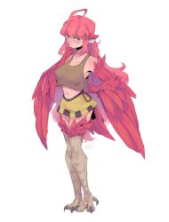 Rule 34 | 1girl, ahoge, animal ears, bare shoulders, bird ears, bird legs, bird tail, black eyes, blush, borrowed character, breasts, brown tank top, coco (eogks), commentary, feathers, full body, hand on own chin, harpy, highres, kaseeblu, long hair, looking at viewer, medium breasts, monster girl, navel, orange feathers, original, red feathers, red hair, red wings, sidelocks, simple background, skirt, solo, tail, talons, tank top, very long hair, white background, winged arms, wings, yellow skirt