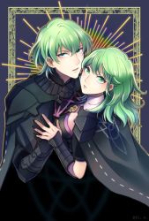 Rule 34 | 1boy, 1girl, armor, bad id, bad twitter id, black gloves, byleth (female) (fire emblem), byleth (fire emblem), byleth (male) (fire emblem), fire emblem, fire emblem: three houses, from side, gloves, green eyes, green hair, highres, kasu (96ks 3h), looking to the side, nintendo, parted lips, short hair, twitter username