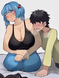 Rule 34 | 1boy, 1girl, absurdres, alternate costume, black bra, black hair, black tank top, blue eyes, blue hair, blue pants, blush, bra, breasts, breath, commentary request, embarrassed, faceless, faceless male, full body, green shirt, hair bobbles, hair ornament, hetero, highres, kawashiro nitori, large breasts, looking to the side, medium bangs, nose blush, open mouth, pants, sagging breasts, seiza, shirt, short hair, sitting, tank top, touhou, two side up, underwear, unworn bra, yokuaka
