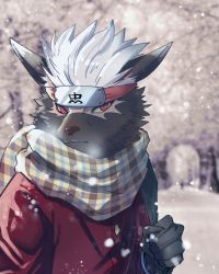 Rule 34 | 1boy, animal ears, breath, cold, colored sclera, crazy sll, dog boy, dog ears, forehead protector, furry, furry male, headband, highres, male focus, red eyes, red shirt, scar, scar on face, scarf, shirt, short hair, snowing, solo, tadatomo (housamo), tokyo houkago summoners, white hair, yellow sclera