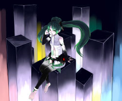 Rule 34 | 1girl, barefoot, detached sleeves, female focus, full body, green eyes, green hair, hatsune miku, hatsune miku (append), highres, matching hair/eyes, navel, ryou@ryou, sitting, solo, thighhighs, twintails, vocaloid, vocaloid append
