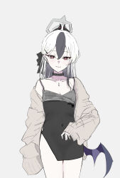 Rule 34 | 1girl, absurdres, aremen, black choker, black dress, black hair, black horns, blue archive, blush, choker, closed mouth, cowboy shot, demon horns, demon wings, dress, grey background, grey halo, grey jacket, halo, highres, horns, jacket, kayoko (blue archive), kayoko (dress) (blue archive), long hair, looking at viewer, multicolored hair, official alternate costume, open clothes, open jacket, purple wings, red eyes, simple background, single wing, smile, solo, white hair, wings