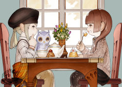 Rule 34 | 2girls, aran sweater, artist name, bird, black headwear, black legwear, black skirt, blonde hair, blunt bangs, bracelet, brown hair, cable knit, chair, cup, dessert, eating, eye contact, feet out of frame, final fantasy, final fantasy xiv, finger to cheek, flower, food, food on face, fork, from side, grey eyes, grey sweater, hat, highres, holding, holding fork, jewelry, lalafell, looking at another, multiple girls, n122425, on chair, open mouth, owl, pantyhose, plate, pointy ears, profile, shirt, sitting, skirt, smile, sweater, table, tea set, teacup, teapot, twintails, warrior of light (ff14), white shirt, window