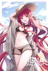 Rule 34 | 1girl, :d, arknights, arm up, armpits, bare shoulders, bikini, black bikini, braid, breasts, character name, cleavage, cloud, detached collar, fang, floating hair, groin, hair ornament, hair ribbon, hat, highres, horns, innertube, long hair, looking at viewer, medium breasts, miniskirt, navel, necktie, off shoulder, official alternate costume, open mouth, pointy ears, quan (kurisu tina), red eyes, red hair, ribbon, see-through, side-tie bikini bottom, sidelocks, skirt, smile, solo, standing, star (symbol), star hair ornament, stomach, straw hat, swim ring, swimsuit, thighs, twin braids, very long hair, vigna (arknights), vigna (casual vacation) (arknights)