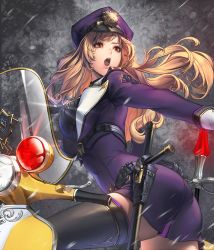Rule 34 | 1girl, baton, belt, black thighhighs, brown hair, card (medium), chaos online, cuffs, edelyn, gloves, handcuffs, hat, high heels, holding, long hair, love cacao, motor vehicle, necktie, official art, open mouth, police, police hat, police uniform, red eyes, scooter, solo, stiletto heels, thighhighs, translated, uniform, white gloves, zettai ryouiki