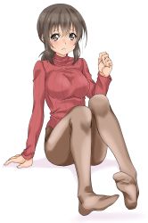 Rule 34 | 1girl, absurdres, alternate breast size, alternate costume, black eyes, black hair, blush, breasts, brown pantyhose, fubuki (kancolle), full body, heattech leotard, highres, kantai collection, large breasts, leotard, long sleeves, looking at viewer, low ponytail, maonatten, no shoes, pantyhose, red sweater, ribbed sweater, short ponytail, simple background, sitting, solo, sweater, turtleneck, turtleneck sweater, white background