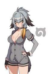 Rule 34 | 10s, 1girl, :&lt;, arm at side, black gloves, breasts, choker, cleavage, cowboy shot, fingerless gloves, gloves, hair between eyes, hair over shoulder, hand on own hip, kemono friends, kugi ta hori taira, large breasts, nail polish, one side up, partially unbuttoned, shoebill (kemono friends), short shorts, shorts, silver hair, simple background, solo, tsurime, white background