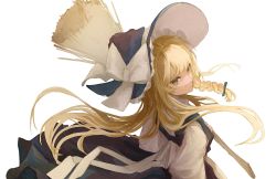 Rule 34 | 1girl, back bow, black dress, black hat, blonde hair, bow, braid, broom, closed mouth, dress, frills, green bow, grey bow, hair bow, hand up, hat, hat bow, highres, kirisame marisa, long hair, long sleeves, looking at viewer, mink 08, puffy long sleeves, puffy sleeves, shirt, simple background, single braid, solo, touhou, white background, white shirt, witch hat, yellow eyes