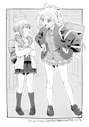 Rule 34 | 2girls, :d, absurdres, bag, blazer, blush, bow, burisuke (koujiro), cardigan, collared shirt, commentary request, crossed arms, eye contact, greyscale, hair bow, hair ornament, hair over shoulder, hairclip, hands on own hips, highres, higuchi kaede, indoors, jacket, loafers, long hair, long sleeves, looking at another, low twintails, monochrome, multiple girls, necktie, nijisanji, open cardigan, open clothes, open jacket, open mouth, pleated skirt, ponytail, puffy long sleeves, puffy sleeves, sailor collar, school bag, school uniform, serafuku, shirt, shoes, skirt, smile, socks, standing, translation request, twintails, very long hair, virtual youtuber, yuuki chihiro