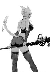 Rule 34 | 1girl, animal ears, ass, bow, breasts, cat ears, cat tail, facial mark, final fantasy, final fantasy xiv, from behind, greyscale, highres, holding, holding staff, liangjushuang, looking at viewer, medium breasts, midriff, miqo&#039;te, monochrome, short hair, shorts, solo, staff, tail, tail bow, tail ornament, thighhighs, whisker markings, white background, y&#039;shtola rhul