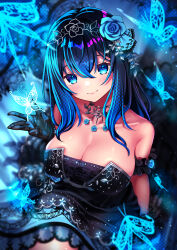 Rule 34 | 1girl, bare shoulders, black dress, black gloves, black hair, blue eyes, blue flower, blue rose, blurry, breasts, bug, butterfly, cleavage, collarbone, depth of field, dress, flower, gloves, glowing, hair between eyes, hair flower, hair ornament, highres, huge breasts, idolmaster, idolmaster cinderella girls, insect, jewelry, long hair, looking at viewer, looking up, necklace, rose, sagisawa fumika, smile, solo, strapless, strapless dress, tatsuhi226, tiara