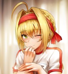 Rule 34 | 1girl, ahoge, blonde hair, blush, braid, closed mouth, crown braid, fate/grand order, fate (series), ginhaha, green eyes, gym uniform, hair between eyes, hair intakes, hand up, headband, looking at viewer, name tag, nero claudius (fate), nero claudius (fate) (all), nero claudius (fate/extra), nero claudius (olympian bloomers) (fate), official alternate costume, one eye closed, portrait, short sleeves, sidelocks, smile, solo, tsurime, upper body