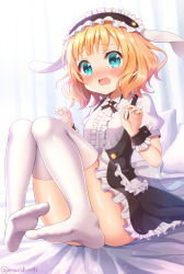 Rule 34 | 1girl, animal ears, bed sheet, blonde hair, blush, buttons, child, collared shirt, colored eyelashes, commentary, curtains, embarrassed, feet, frills, gochuumon wa usagi desu ka?, green eyes, highres, kirima syaro, knees together feet apart, maid, maid headdress, mozukun43, no shoes, on bed, open mouth, palms, pillow, puffy short sleeves, puffy sleeves, rabbit ears, ribbon, shadow, shirt, short hair, short sleeves, sitting, solo, surprised, tears, thighhighs, thighs, twitter username, wavy hair, white ribbon, white thighhighs, wrist cuffs, zettai ryouiki
