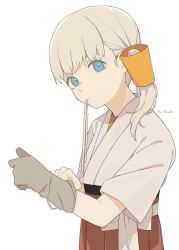 Rule 34 | 1girl, blonde hair, blue eyes, blunt bangs, brown gloves, commentary request, dougi, gloves, hair ornament, hakama, hakama skirt, highres, ichiroku (sakumogu-029), japanese clothes, kantai collection, long hair, mouth hold, red hakama, shin&#039;you (kancolle), simple background, single glove, skirt, solo, white background