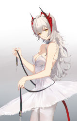 Rule 34 | 1girl, absurdres, alternate costume, alternate hair length, alternate hairstyle, antenna hair, arknights, ballerina, ballet dress, bare arms, bare shoulders, black choker, breasts, choker, cleavage, closed mouth, cowboy shot, demon girl, demon horns, demon tail, dress, from side, gradient background, grey background, grey hair, highres, holding, horns, large breasts, long hair, looking at viewer, looking to the side, multicolored hair, pantyhose, red hair, shiguangbai, solo, strapless, strapless dress, tail, thighband pantyhose, two-tone hair, w (arknights), white dress, white pantyhose, yellow eyes