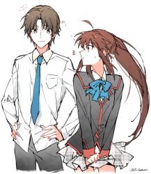 Rule 34 | 1boy, 1girl, ^^^, aged up, black hair, black jacket, blazer, blue bow, blue necktie, bow, brown hair, closed mouth, collared shirt, commentary request, cowboy shot, frown, grey eyes, grey skirt, h sueun, hands on own hips, height difference, jacket, little busters!, little busters! school uniform, long hair, long sleeves, looking at another, miniskirt, naoe riki, natsume rin, necktie, notice lines, plaid, plaid skirt, ponytail, profile, red eyes, school uniform, shirt, short hair, sidelocks, simple background, sketch, skirt, smile, standing, surprised, sweatdrop, twitter username, v arms, very long hair, white background, white shirt, wide-eyed