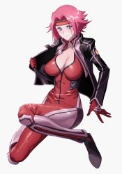 Rule 34 | 1girl, black jacket, blue eyes, blush, bodysuit, breasts, center opening, cleavage, code geass, commentary, embarrassed, english commentary, flipped hair, full body, headband, highres, jacket, kouzuki kallen, kichiemon, large breasts, leather, leather jacket, long sleeves, looking at viewer, narrow waist, order of the black knights uniform, partially unzipped, pilot suit, pink hair, red bodysuit, red headband, short hair, simple background, skin tight, solo, spiked hair