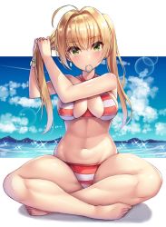 Rule 34 | 1girl, ahoge, bikini, blonde hair, blue sky, blurry, blush, bokeh, breasts, cleavage, criss-cross halter, day, depth of field, earrings, fate/grand order, fate (series), green eyes, hair intakes, hair tie in mouth, halterneck, highres, holding, holding own hair, jewelry, large breasts, long hair, looking at viewer, mouth hold, nano (syoutamho), navel, nero claudius (fate), nero claudius (fate) (all), nero claudius (swimsuit caster) (fate), ocean, outdoors, outside border, shiny skin, side-tie bikini bottom, sitting, sky, smile, solo, sparkle, stomach, striped bikini, striped clothes, swimsuit, twintails, tying hair