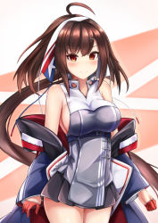 Rule 34 | 1girl, ahoge, american flag, american flag print, azur lane, bare shoulders, black skirt, blue jacket, blush, breasts, brown hair, closed mouth, commentary request, cowboy shot, earrings, flag print, gloves, hair between eyes, hair ornament, hairband, half gloves, highres, independence (azur lane), jacket, jewelry, large breasts, long hair, looking at viewer, miniskirt, off shoulder, open clothes, open jacket, pleated skirt, red eyes, red gloves, ryara, sideboob, skirt, sleeveless, sleeveless jacket, slit pupils, smile, solo, standing, thighs