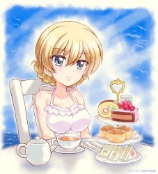 Rule 34 | 1girl, artist name, blonde hair, blue eyes, blue sky, braid, breasts, cake, chair, cleavage, closed mouth, cloud, cloudy sky, commentary, cup, darjeeling (girls und panzer), dated, day, dessert, drinking glass, food, fork, frilled swimsuit, frills, fruit, girls und panzer, heart, knife, kuromori yako, large breasts, looking at viewer, napkin, ocean, one-piece swimsuit, outdoors, sandwich, saucer, scone, short hair, sitting, sky, smile, solo, strawberry, swimsuit, table, tea, teacup, teapot, tiered tray, twin braids, white one-piece swimsuit