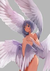 Rule 34 | 1girl, angel wings, breasts, covering breasts, covering crotch, covering privates, cowboy shot, doushimasho, grey background, grey hair, looking at viewer, navel, nude, original, purple eyes, short hair, simple background, small breasts, solo, standing, stomach, winged arms, wings
