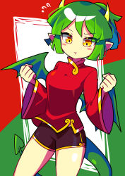 Rule 34 | 1girl, absurdres, breasts, china dress, chinese clothes, draco centauros, dragon girl, dragon horns, dragon tail, dragon wings, dress, green hair, highres, horns, long sleeves, looking at another, looking down, medium breasts, offbeat, pointy ears, pout, pouty lips, puyopuyo, red dress, short hair, solo, tail, wings, yellow eyes