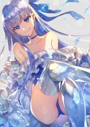 Rule 34 | 1girl, armor, ass, bare shoulders, blue eyes, blue one-piece swimsuit, blue ribbon, blush, breasts, choker, closed mouth, collarbone, crossed legs, fate/grand order, fate (series), frills, greaves, hair between eyes, hair ribbon, highleg, highleg swimsuit, highres, licking lips, long hair, long sleeves, looking at viewer, meltryllis, meltryllis (fate), meltryllis (swimsuit lancer) (fate), meltryllis (swimsuit lancer) (second ascension) (fate), one-piece swimsuit, purple hair, redrop, ribbon, signature, sleeves past fingers, sleeves past wrists, small breasts, smile, solo, sparkle, swimsuit, thighs, tongue, tongue out, very long hair, water drop